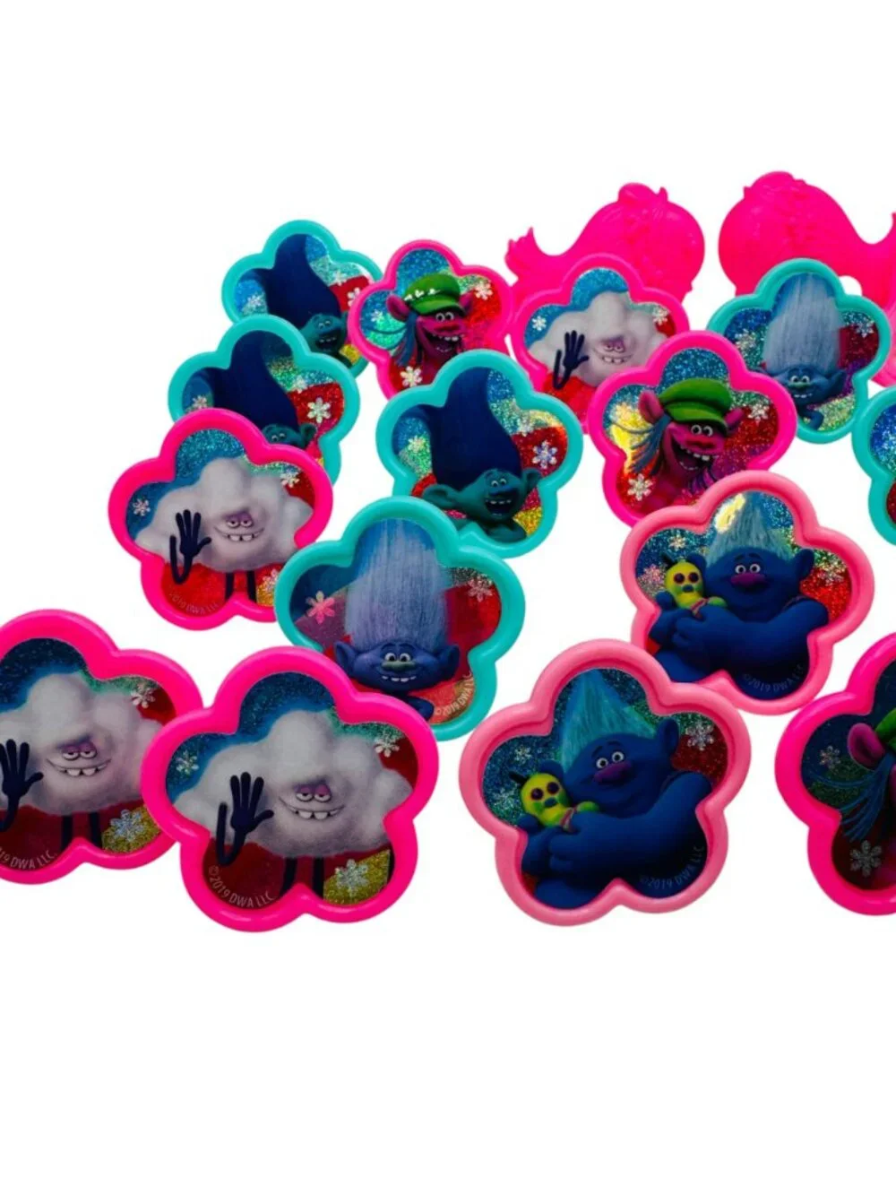 Trolls Plastic Party Favor Rings 24-Piece Set Pink & Teal Glittery Design